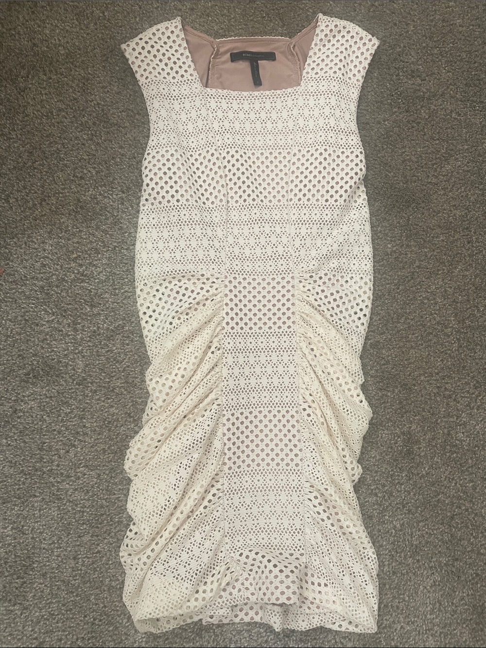 BCBGMaxAzria Ivory Crochet Ruched Midi Dress with Square Neck